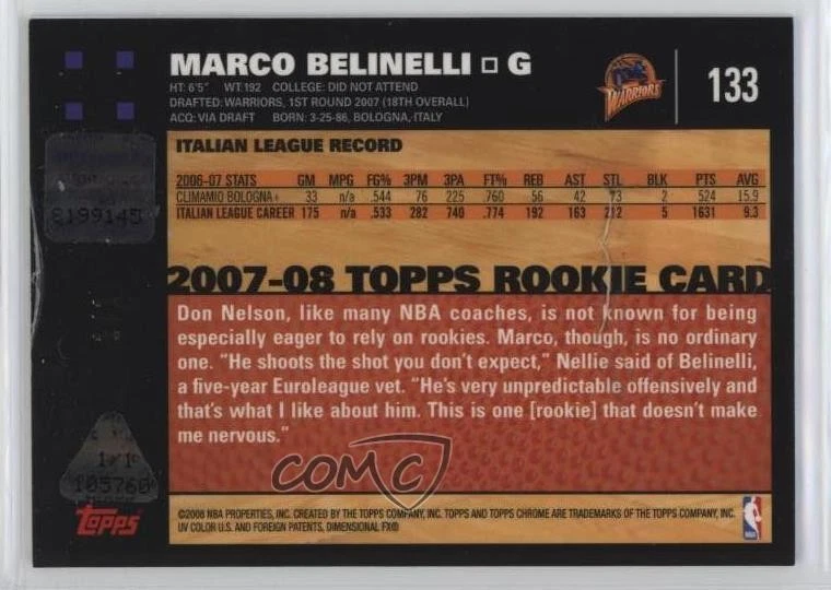 2007-08 Topps Chrome Printing Plate Cyan Rookie 1/1 Marco Belinelli Auto RC 5ov - Image 2 of 3