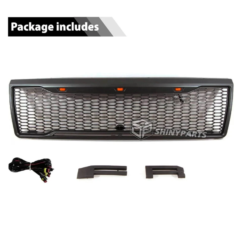 Parrilla delantera para Ford F150 F250 F350 1992-1997 Bronco parachoques parrilla con LED negro Foto 4 de 4