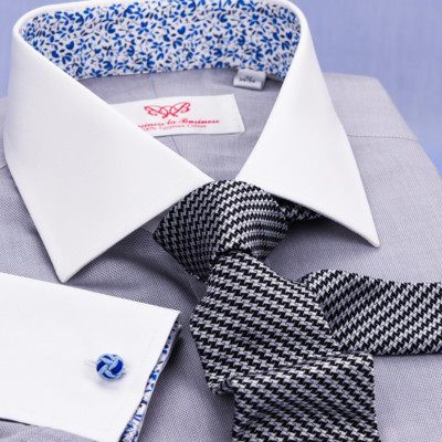 Gray Floral Dress Shirt Formal White Contrast Collar French Cuff Business Style
