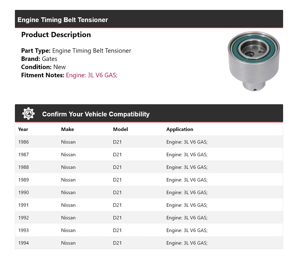 Para Nissan D21 1986-1994 3L V6 Motor Gas Correa Tensora Puertas 1987 1988 Foto 2 de 4