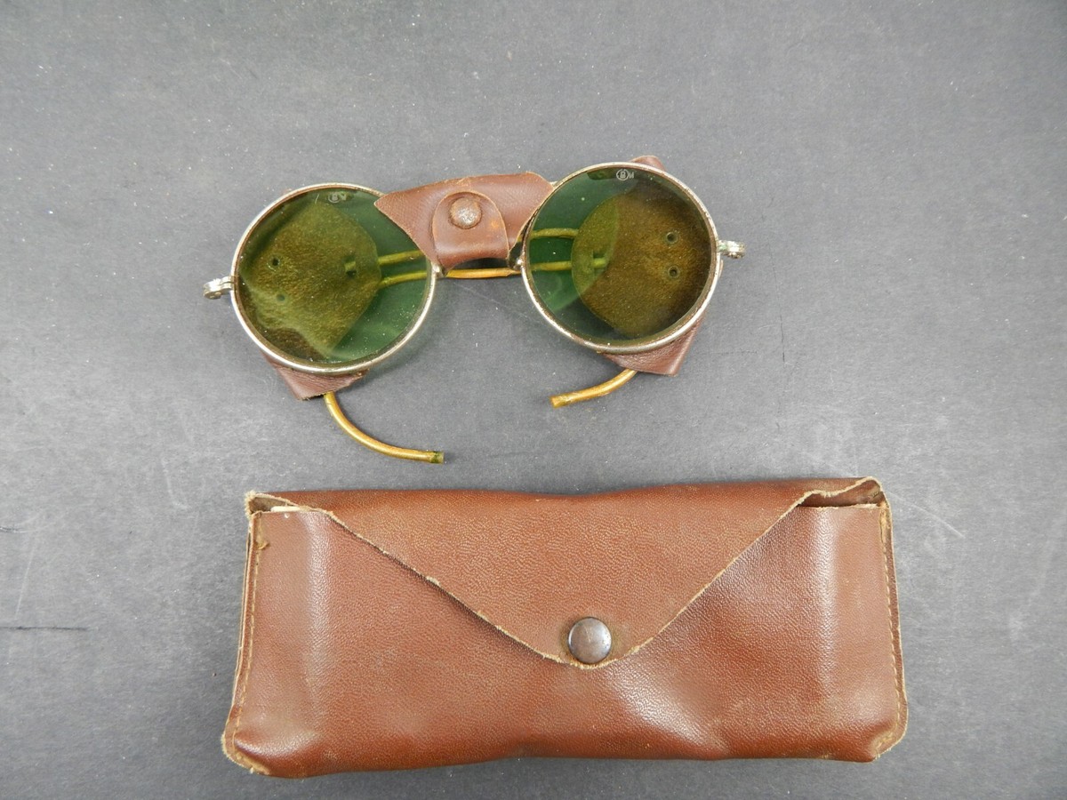 vintage American Optical ROUND TINTED SAFETY GLASSES w/Leather