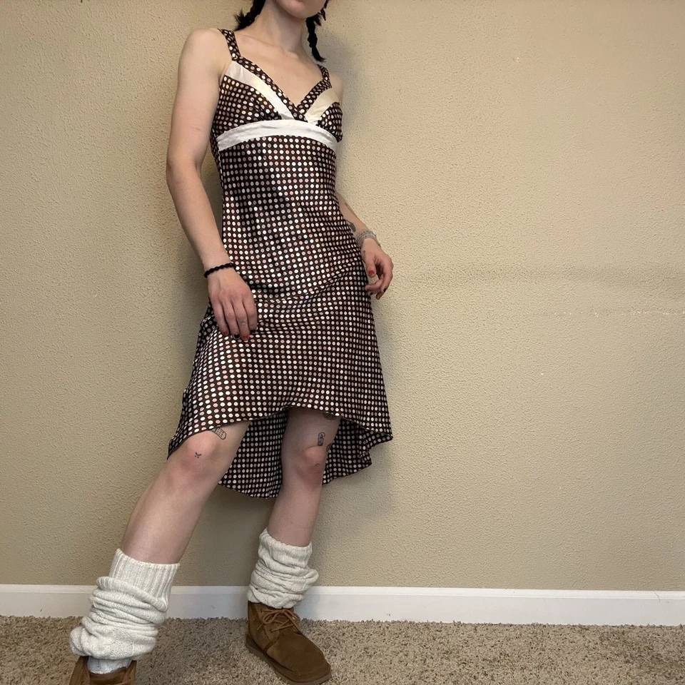 BCX y2k girly brown sleeveless polka dot v neck dress w/ high low hem women's XS - Image 2 of 4