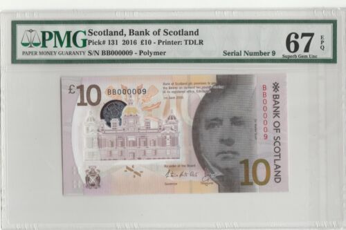 2016 Scotland Ten Pounds Low Fancy no BBOOOOO9 PMG67 Superb Gem-Uncirculated EPQ