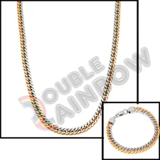 24" Men Stainless Steel Necklace Gold Plated Silver Cuban Chain&Bracelet Set*C17