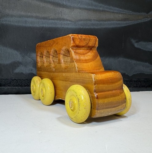 Holz Schulbus 7" Zoll lang Vintage Holzspielzeug Auto gelbe Räder - Bild 4 von 9