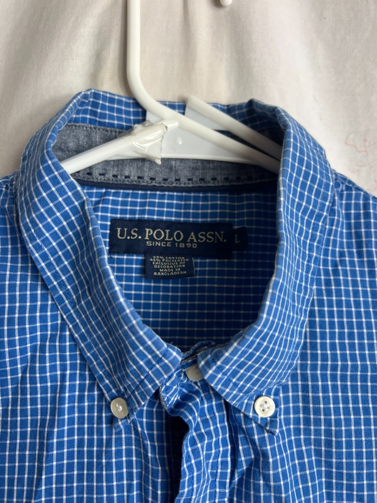 US Polo Association Men Shirt Large Button Down Collar L/S Blue Check Pocket