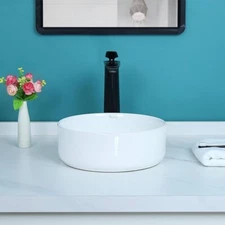 Davivy Round Vessel Sink w Pop Up Drain Ceramic Round Countertop White 12.25"