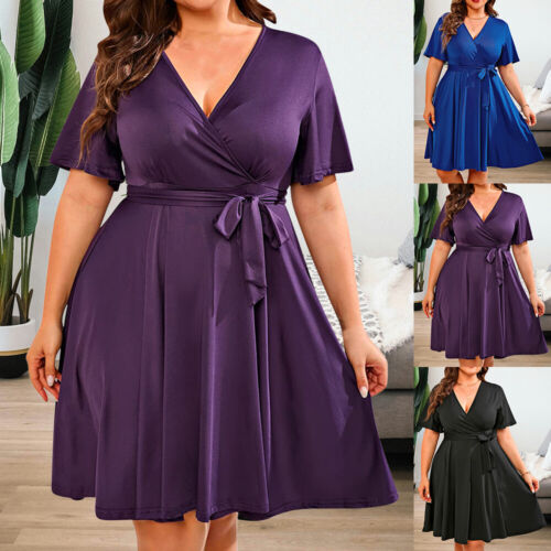 Plus Size Womens Wrap V Neck Mini Dress Ladies Short Sleeve Ruffle Party Dresses