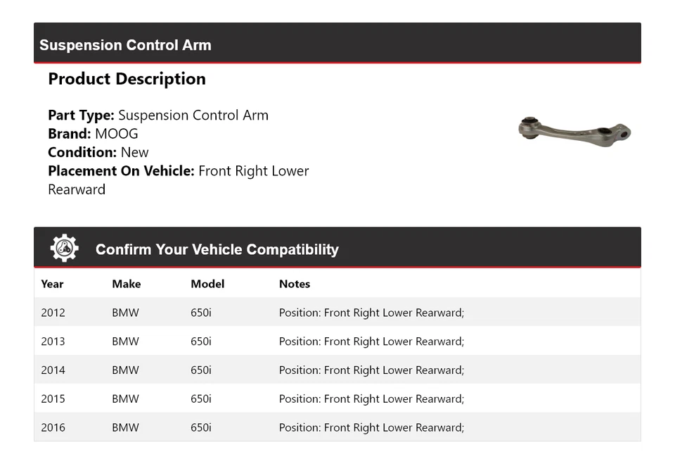 Brazo de control de suspensión delantero derecho inferior trasero MOOG para BMW 650i 2012-2016 Foto 2 de 4