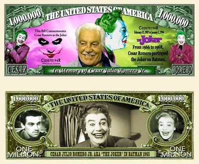 Cesar Romero as Joker Million Dollar Bill Funny Money Novelty Note + FREE SLEEVE