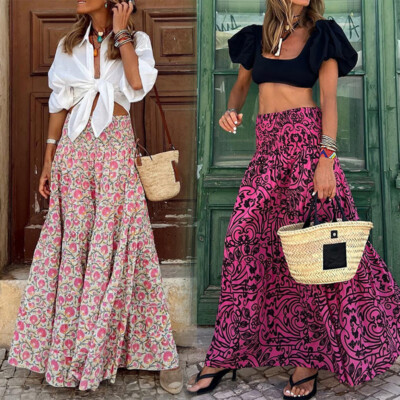 Womens Boho Floral Long Maxi Skirt Ladies High Waist Beach Holiday