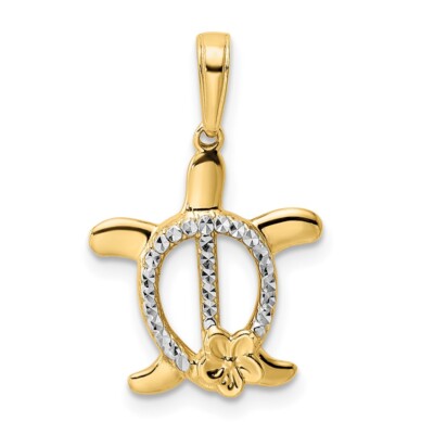 14k Gelbgold & weißes Rhodium glänzend geschliffen Schildkröte mit Blume Anhänger