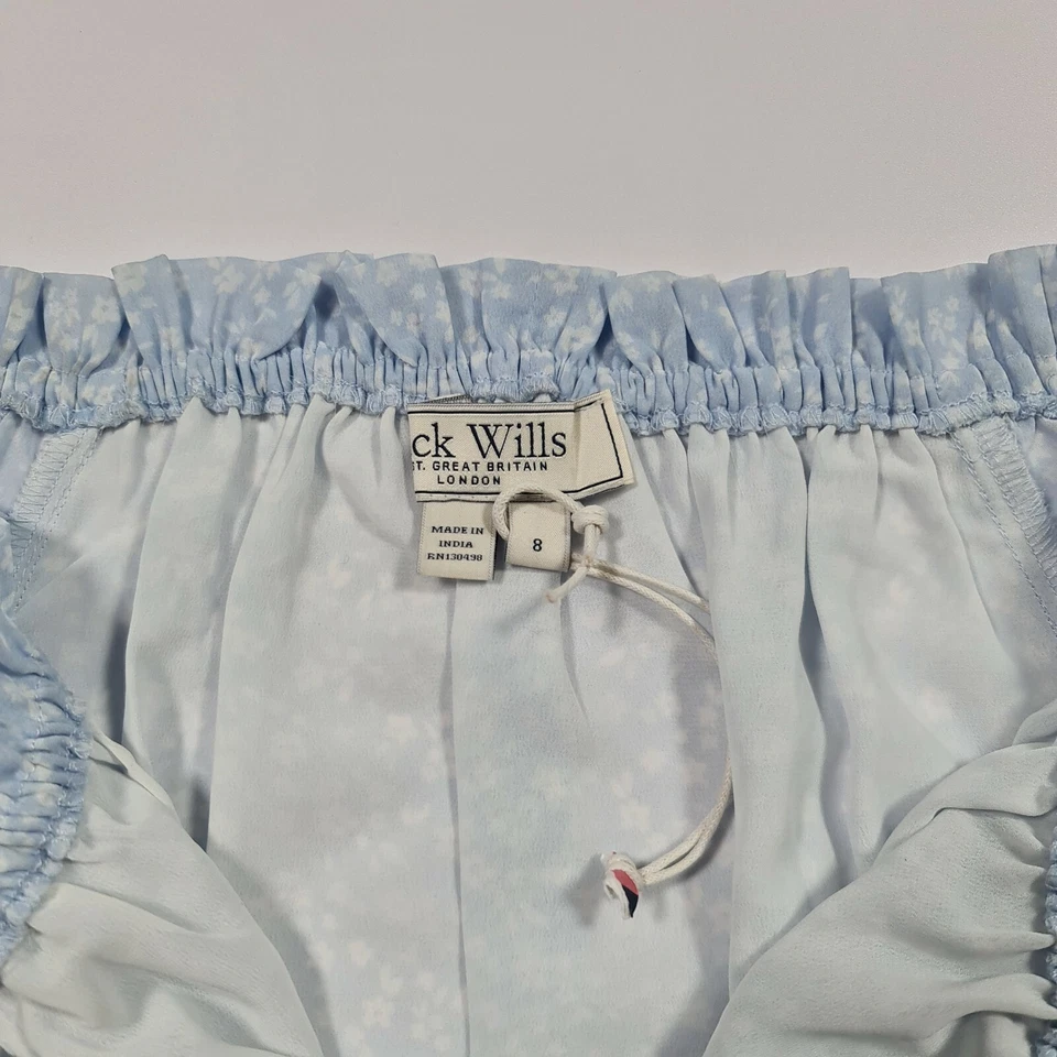Jack Wills Womens Dress Light Blue 8 UK Floral Prairie Bardot Tie Front Mini - Image 4 of 4