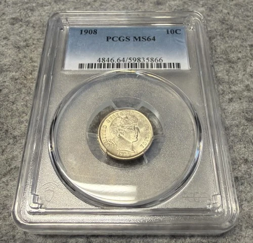 1908 "P" Barber SILVER Dime 10c PCGS MS64 #866 Unc BU Uncirculated ECC&C, Inc.