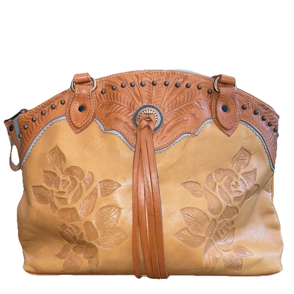 Bolso de Mano Cartera de Cuero Rosa Tooled American West De Colección Dos Tonos Detalle de Flecos Foto 2 de 4