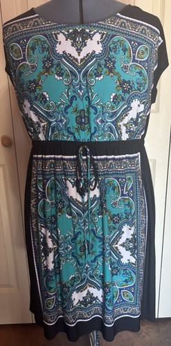 Woman’s Dress Sz 20 By En Focus Black W/ Blue Geometric Designs Short Sleeve
