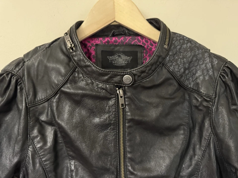 Harley Davidson Black Leather Moto Cafe Riding Jacket Embroidered Skull # 1 S - Image 4 of 4