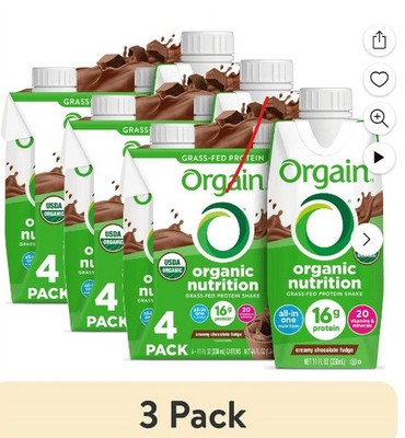 (3 Pack) Organic Protein Shake 16g Grass Fed, Chocolate Fudge, 11 oz, 4 per Pack
