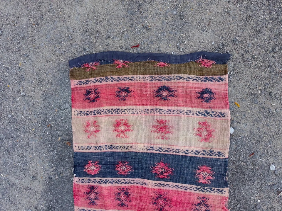 Vintage Turkish Kilim Runner 2.1x5.4 ft Handwoven Wool Pink/Indigo - Image 3 of 4