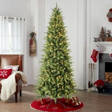 4-8ft Pre-Lit Artificial Christmas Tree Slim Pencil Realistic Xmas Tree For Home