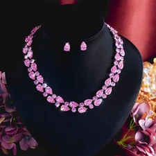 Silver Plated Pink Zircon Choker Tennis Necklace and Earring Wedding Jewelry Set