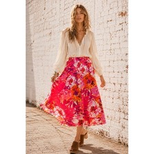 Old Navy Pink Orange Rayon Floral Midi Skirt Boho Tropical Pocket Size M