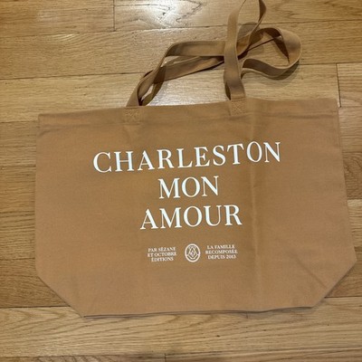 Sezane Charleston Mon Amour Canvas Tote Bag Brown Camel Graphic Print