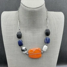 Statement Necklace Chunky Wire Wrapped Stone Womens Adjustable Lava Rock Orange