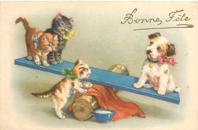 Happy Birthday Postcard Kittens And Puppy On See-Saw / Teeter Totter 36547