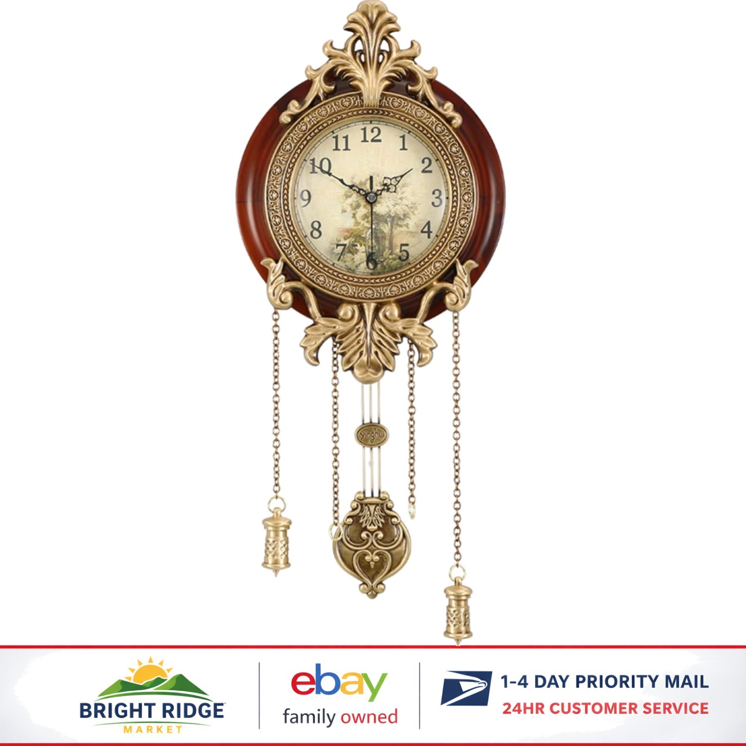 Floral Design Wall Clock with Swinging Pendulum & Battery-Powered Mechanism
