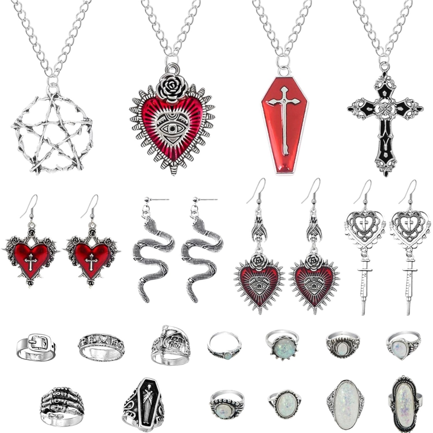 Bijoux Gothiques : Lot de 21 Colliers Bagues Boucles d'Oreilles en Métal Argent Antique