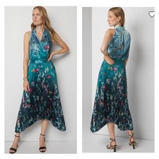 WHBM Sleeveless Shawl Neck Pleated Midi Dress SZ 0 Wild Bouquet Dark Sea