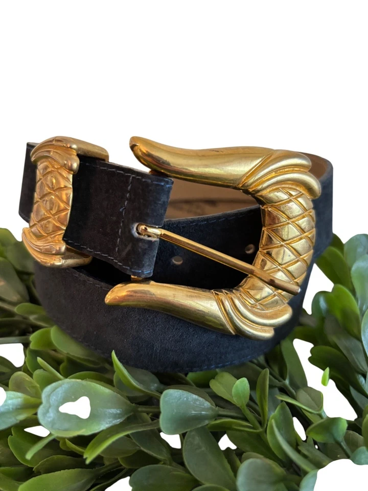 Винтажный элитный темно-синий замшевый ремень Les Creations с декоративной золотой пряжкой дизайн S - Изображение 2 из 4