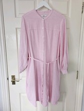 M&S Linen Rich Shirt Dress Size Large Pink Stripe With Tie Belt Pockets 