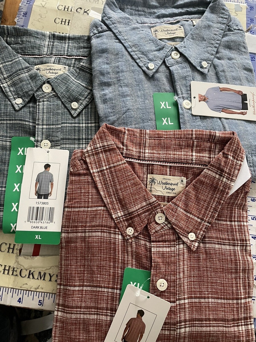 3X New Weatherproof Men's Washable Linen Woven Short Sleeve Shirt