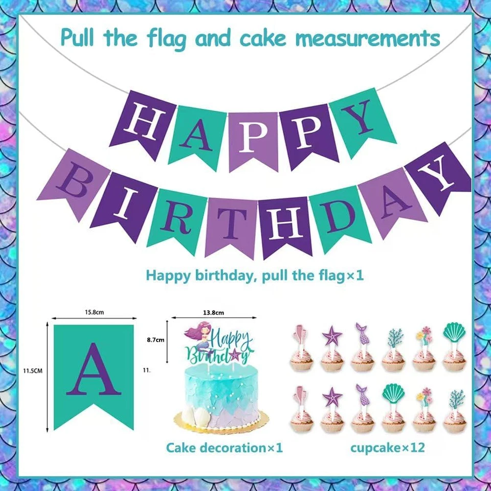 Mermaid Birthday Decor Set for Girls - Balloons, Banner, Tablecloth, Swirls - Image 3 of 4