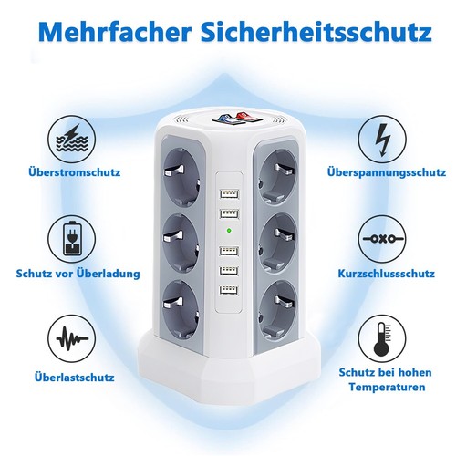 12 Fach Mehrfachsteckdose Mit 5USB Steckdosenturm Schalter für Zuhause Büro 2M - Bild 20 von 32