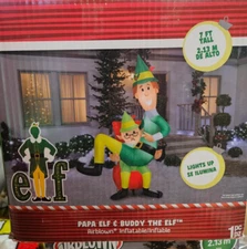 Gemmy 7ft Tall Buddy the Elf on Papa Elf's Lap Christmas Inflatable