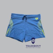 Arena men grey blue graphic swim short trunk swimwear size 32