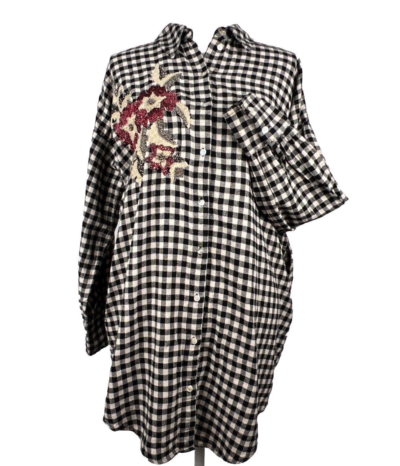 Zara Basic Flannel Shirt Tunic Medium Floral Bead… - image 1