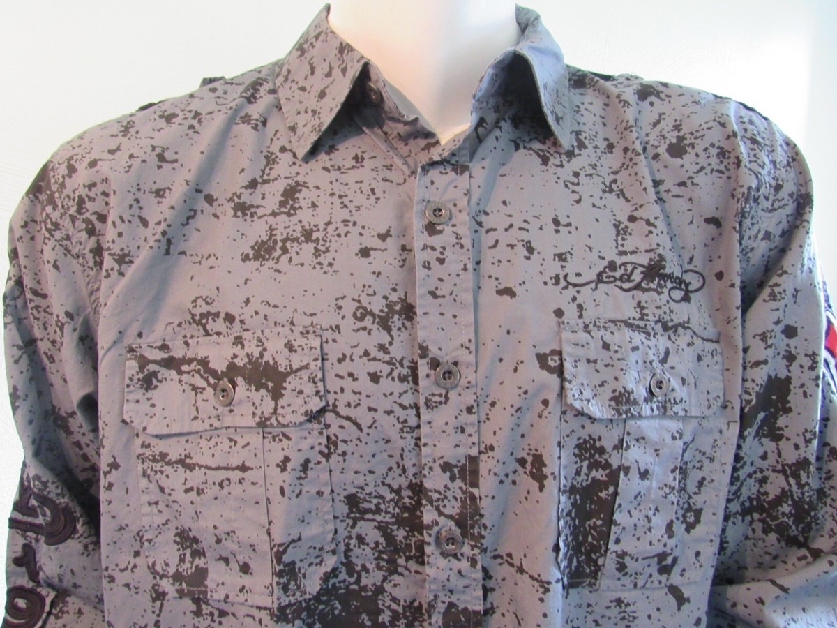 トップス Christian Audigier double sleeve shirt Christian Audigier Men's Small Skull Roses Double Sleeve T