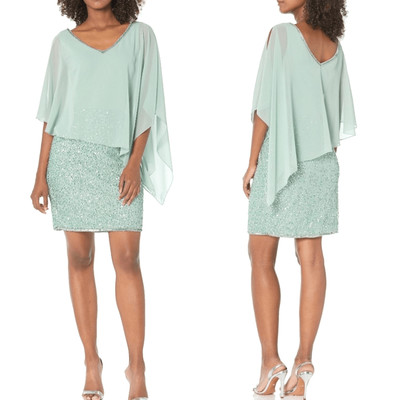 J Kara celadon mint light green capelet poncho beaded short formal dress 22W 3X
