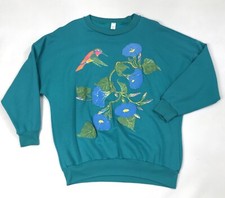 VTG Women s Floral Hummingbird Crewneck Acrylic 3D Sweatshirt Blue Green USA OS
