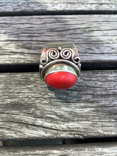 Vintage Large Red Coral 925 Whimsical Bohemian Western 7 Chunky Ring Handmade - Picture 9 of 10