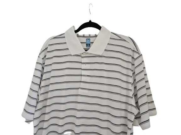 PREOWN PGA TOUR MEN'S WHITE & BLACK STRIPES GOLF POLO SHIRT SIZE XL - Image 2 of 4