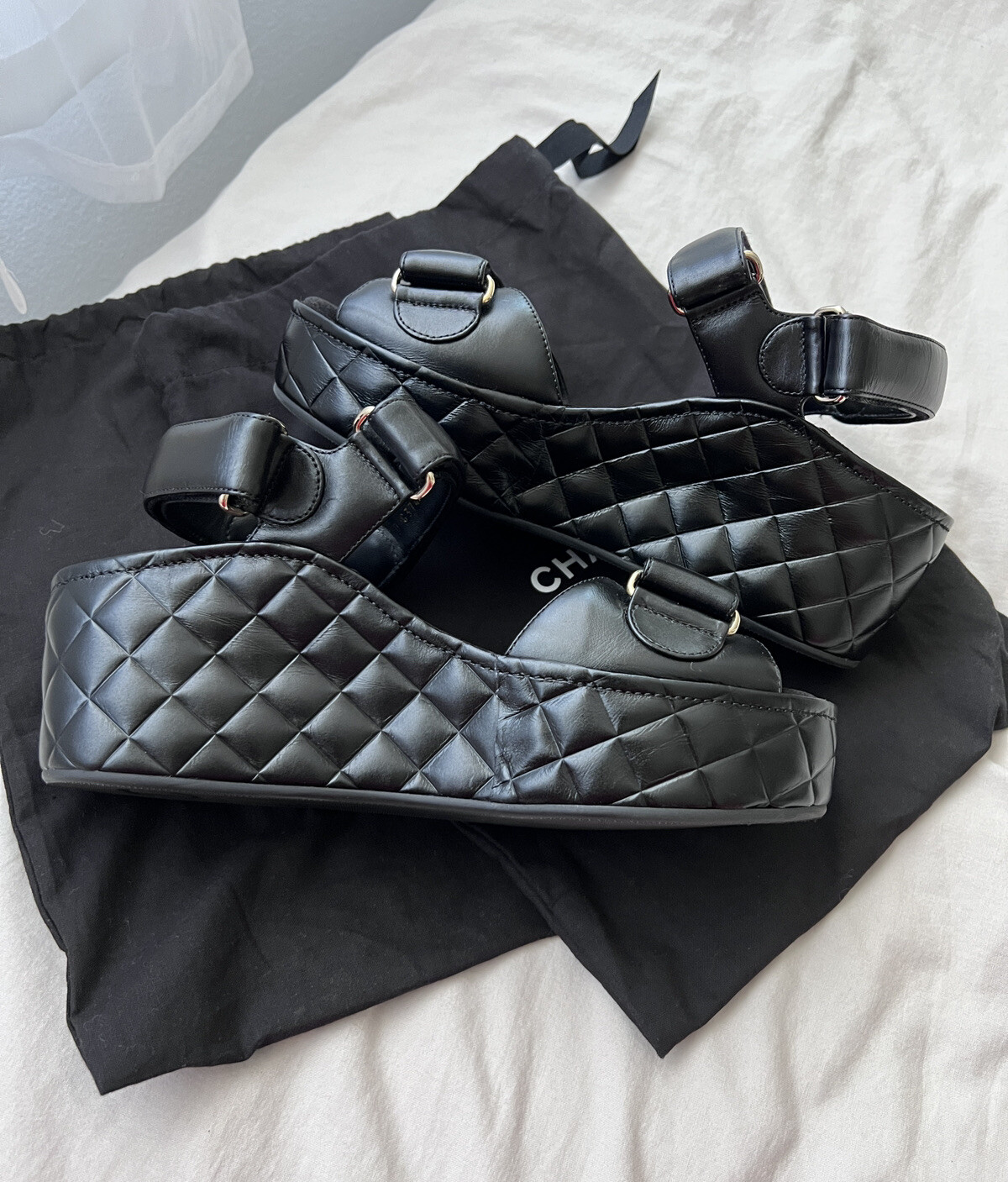 Auth Chanel Black Leather CC Logo Strap Wedge Sandals -Sz.39 image 3