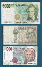 Billetes de Italia, 5000 liras 1985 + 1000 liras 1982 + 100 liras 1990 - ¡3 piezas!