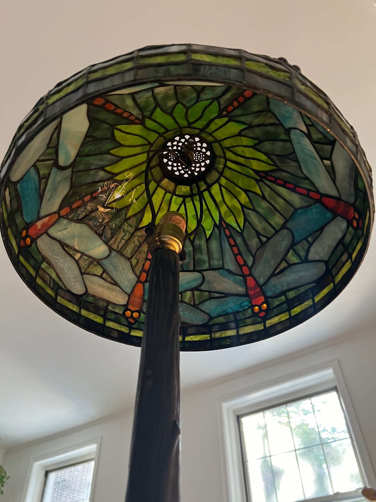 Large Tiffany Style Mosaic Dragonfly Lamp Shade Stained Glass Brass