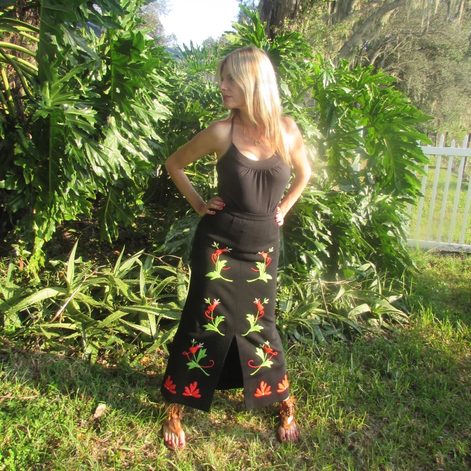 Maxi Falda De Colección Años 70 Retro Boho Negra Lana Completa EPIC Roja Floral Hippie Línea A XS S Foto 2 de 4