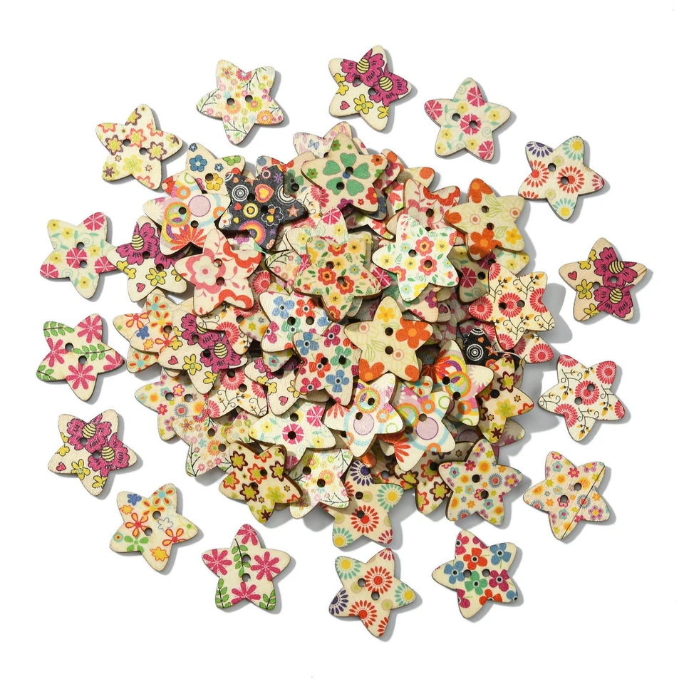 100Pcs Wooden Button 2 Holes Button Star Shaped Sewing DIY Sewing Clothing Craft - Image 2 of 4